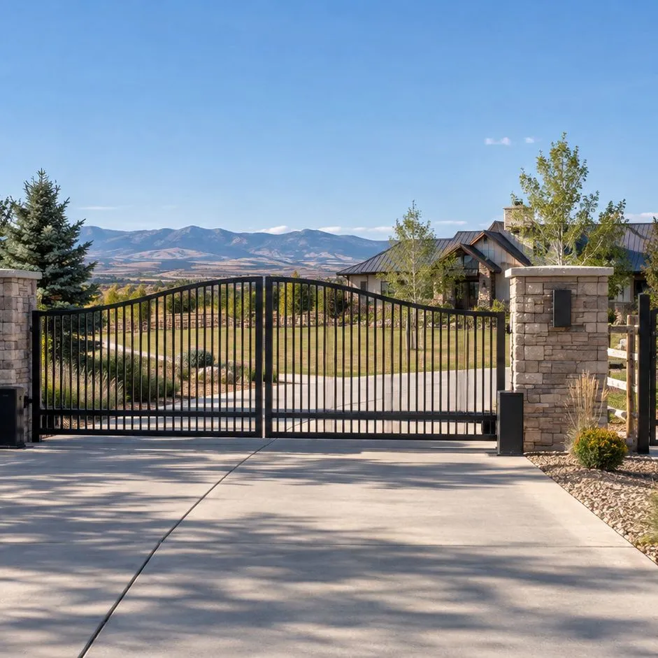 Black arched double driveway gate between stone pillars, with a matching pedestrian gate to the right