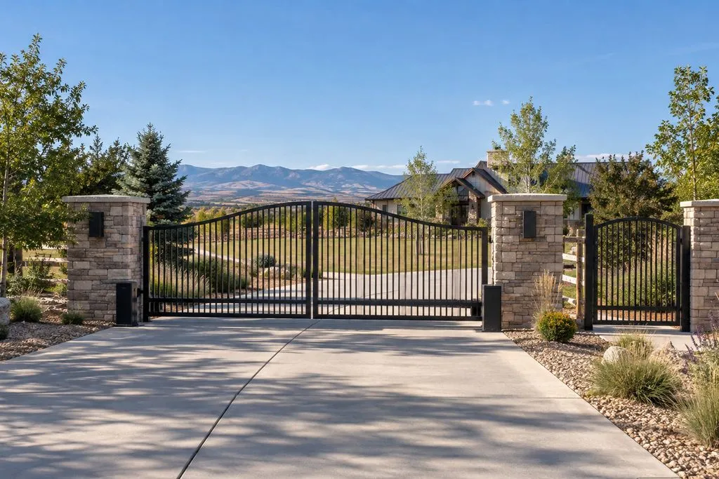 Black arched double driveway gate between stone pillars, with a matching pedestrian gate to the right