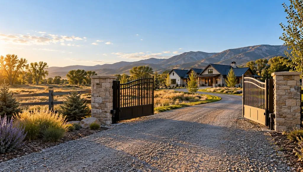 Open black double swing gate between stone pillars on a gravel drive leading to a ranch house below mountains