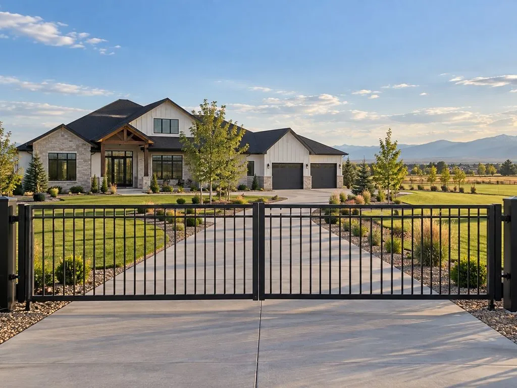 Closed black double swing gate across a wide concrete driveway leading to a two-story home with a large garage