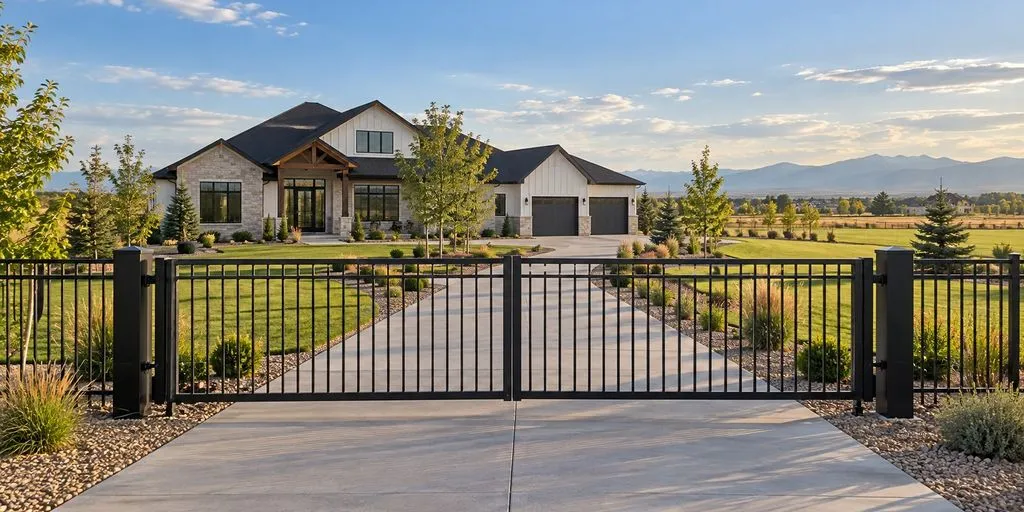 Closed black double swing gate across a wide concrete driveway leading to a two-story home with a large garage