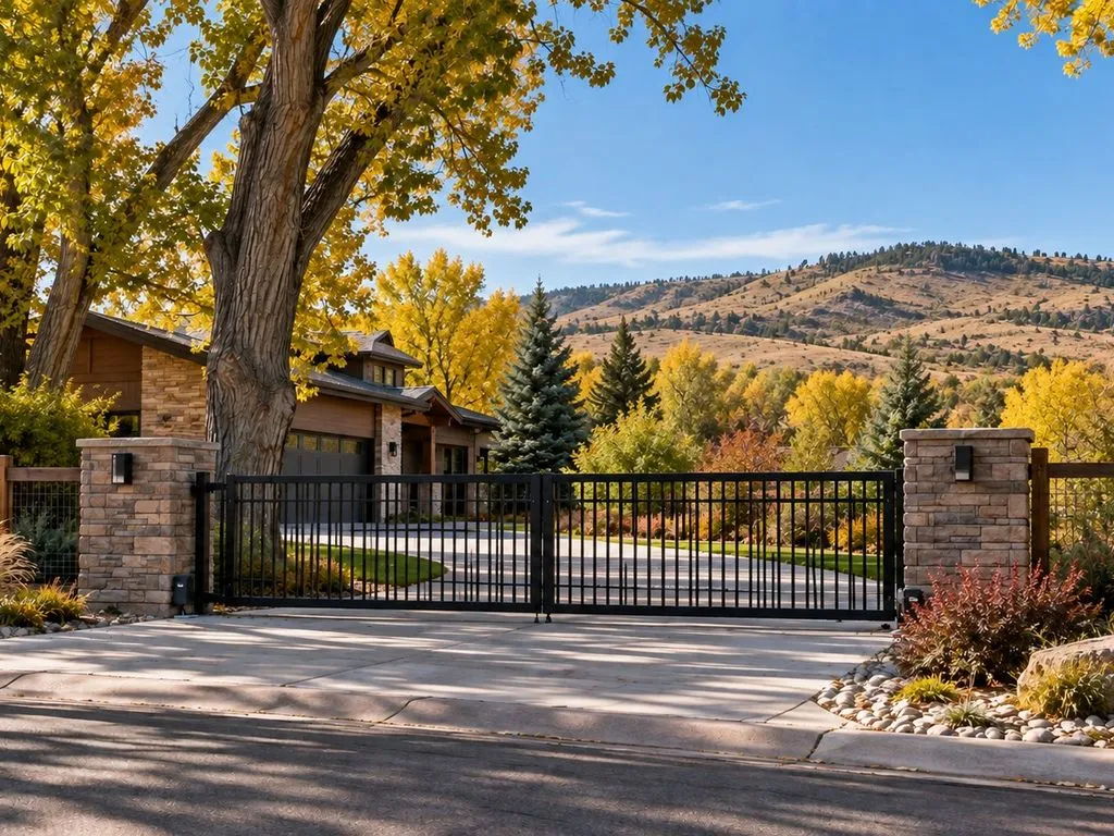Closed black flat-top double gate between stone pillars, a house behind yellow autumn trees and hills beyond