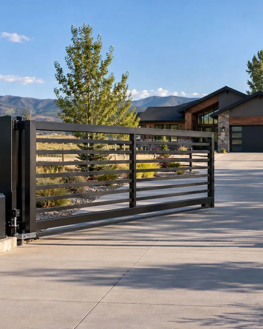 Black horizontal-slat slide gate with a pad-mounted operator across a concrete driveway to a modern house