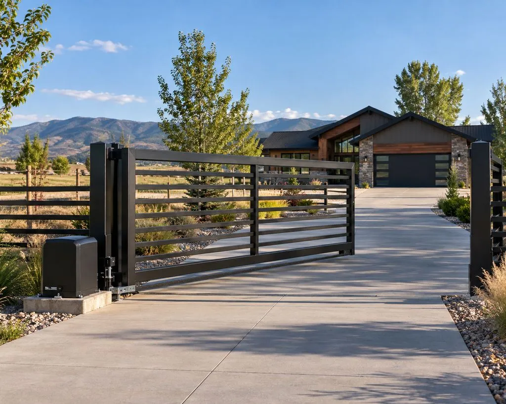 Black horizontal-slat slide gate with a pad-mounted operator across a concrete driveway to a modern house