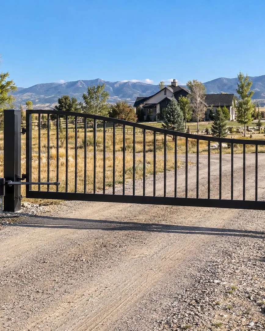 Black single swing gate with a post-mounted arm operator across a gravel drive, split-rail fence either side