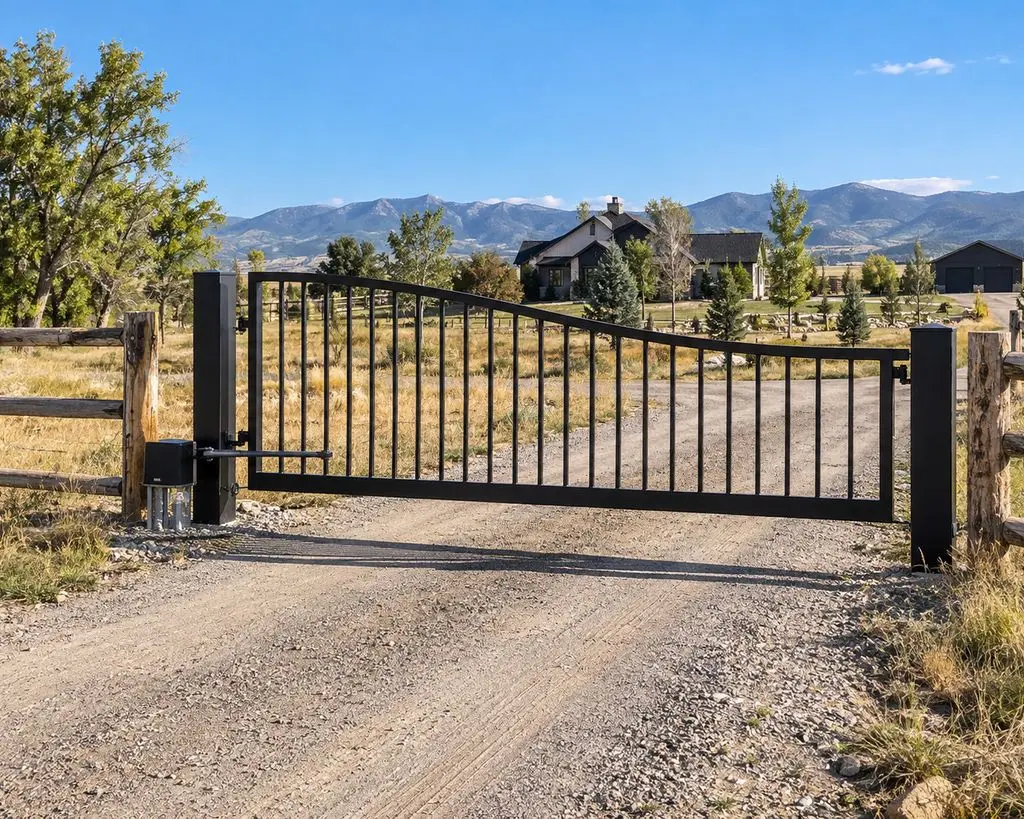 Black single swing gate with a post-mounted arm operator across a gravel drive, split-rail fence either side