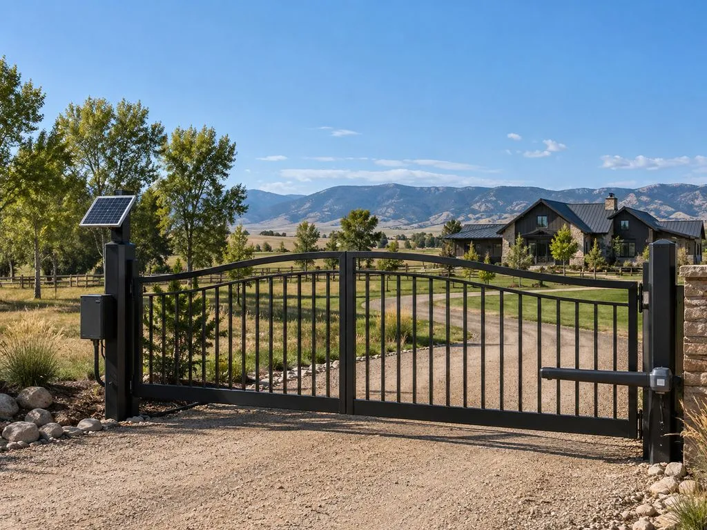 Black double swing gate with a small solar panel and control box on the left post and an arm operator on the right