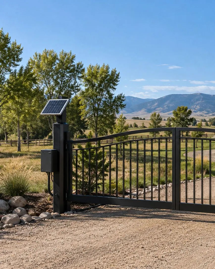 Black double swing gate with a small solar panel and control box on the left post and an arm operator on the right