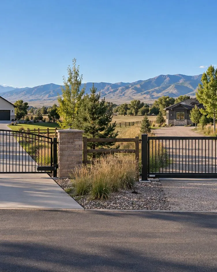 Two driveways side by side: an arched double swing gate on the left and a flat-top slide gate on the right
